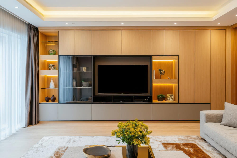 Intérieur moderne avec un Meuble TV d'Angle Idéal intégré et des étagères lumineuses.